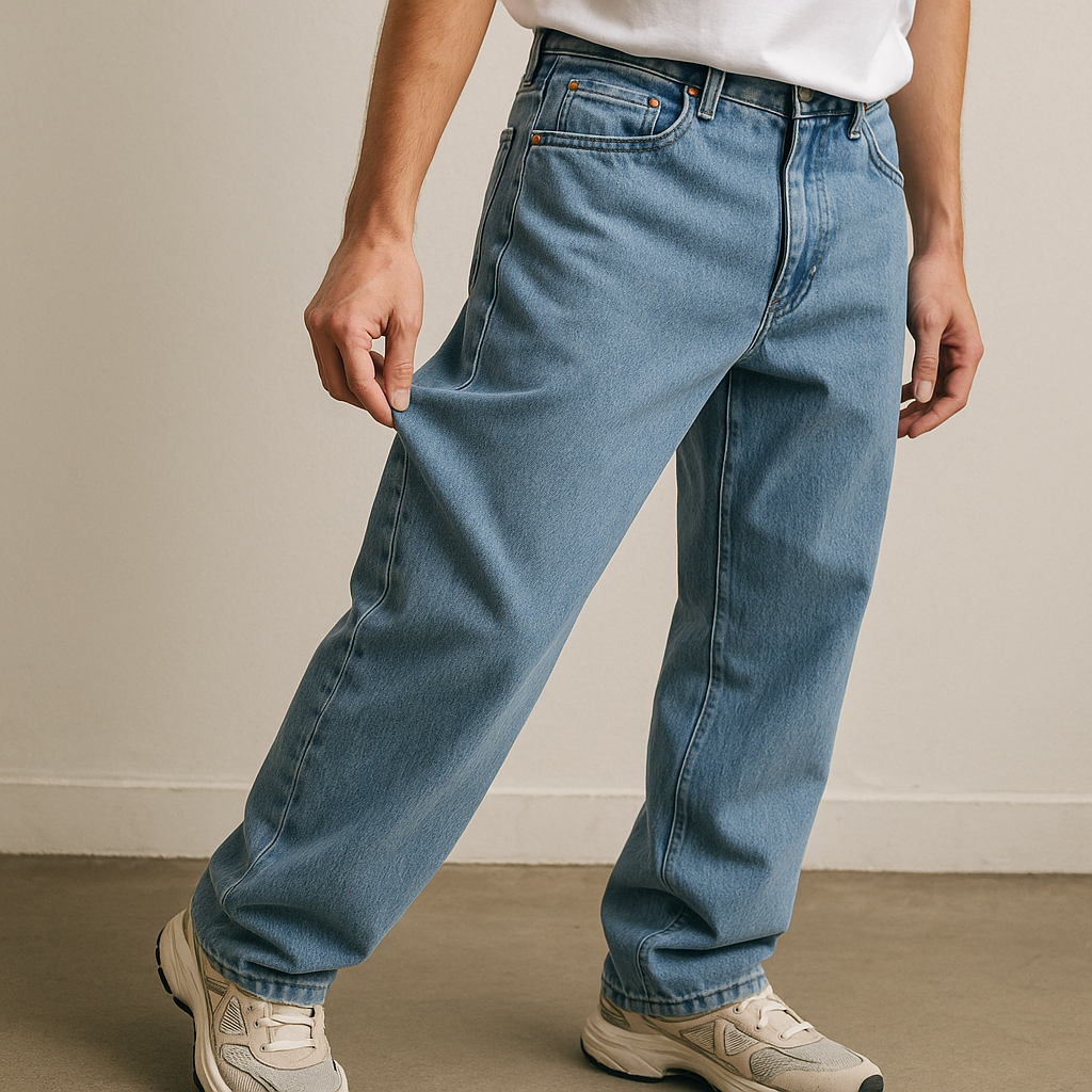 The new baggy jean proportion is higher in the rise and wider at the knee (not just bigger)
