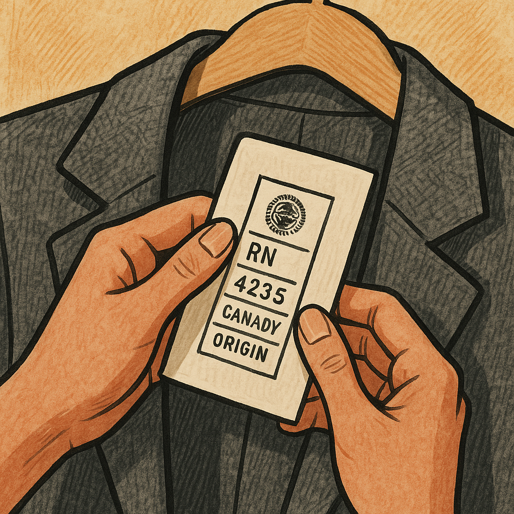 The tag tells: union labels, RN numbers, and country flips